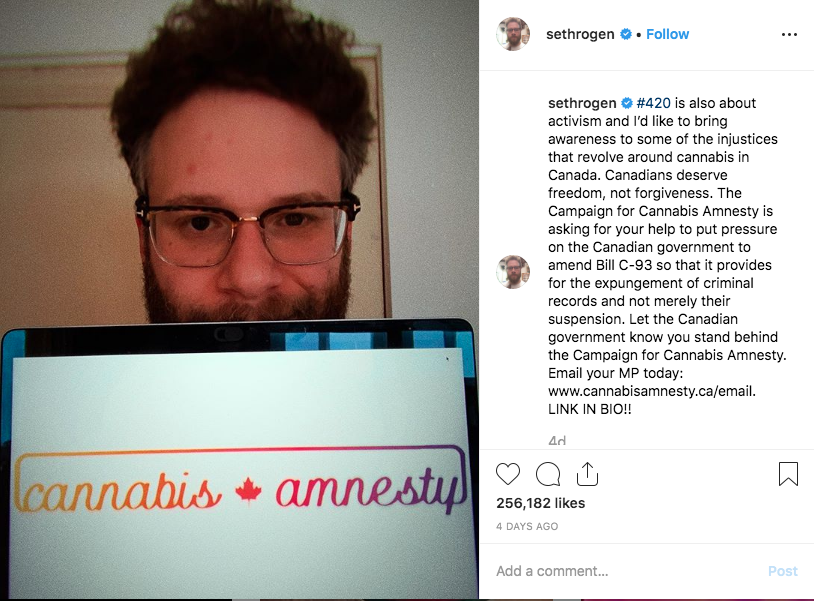 Seth Rogan has started Cannabis Amnesty which fights for Canadians with small possession charges to have their records expunged.